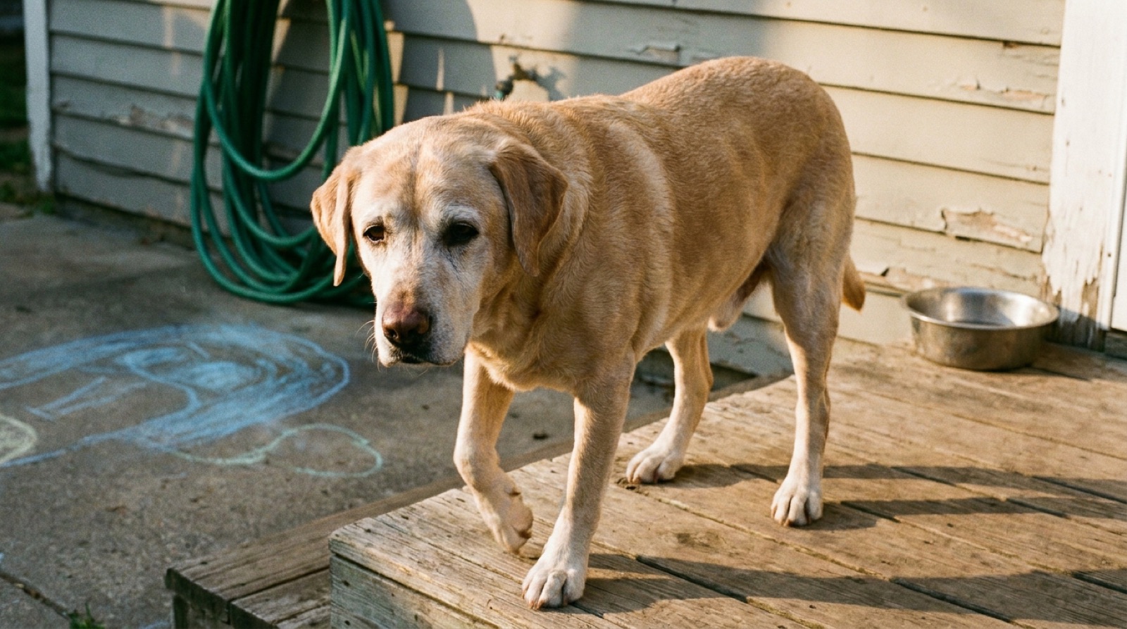 A frame from a Peterna tribute film: Charlie, a senior yellow Lab, on a back porch
